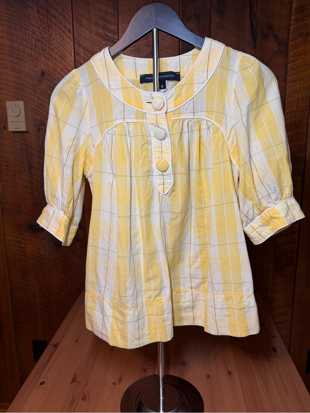 French Connection Butter Yellow White Plaid Puff Sleeve Babydoll Blouse Top 8